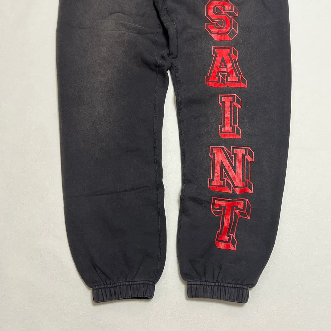 SAINT Mxxxxxx ANGEL SWEAT PANTS/BLK Angel Reborn Crack Print Distressed Sweatpants, Washed Black S-XL Assute Dyeing, Full Spray Fade, Heavy Fermentation Washing, Made with NEW VINTAGE Texture, Four Needles and Six Threads from the Factory, Boneless Patchwork, More Comfortable to Wear, Genuine Level Crack Print/Accessories Restored